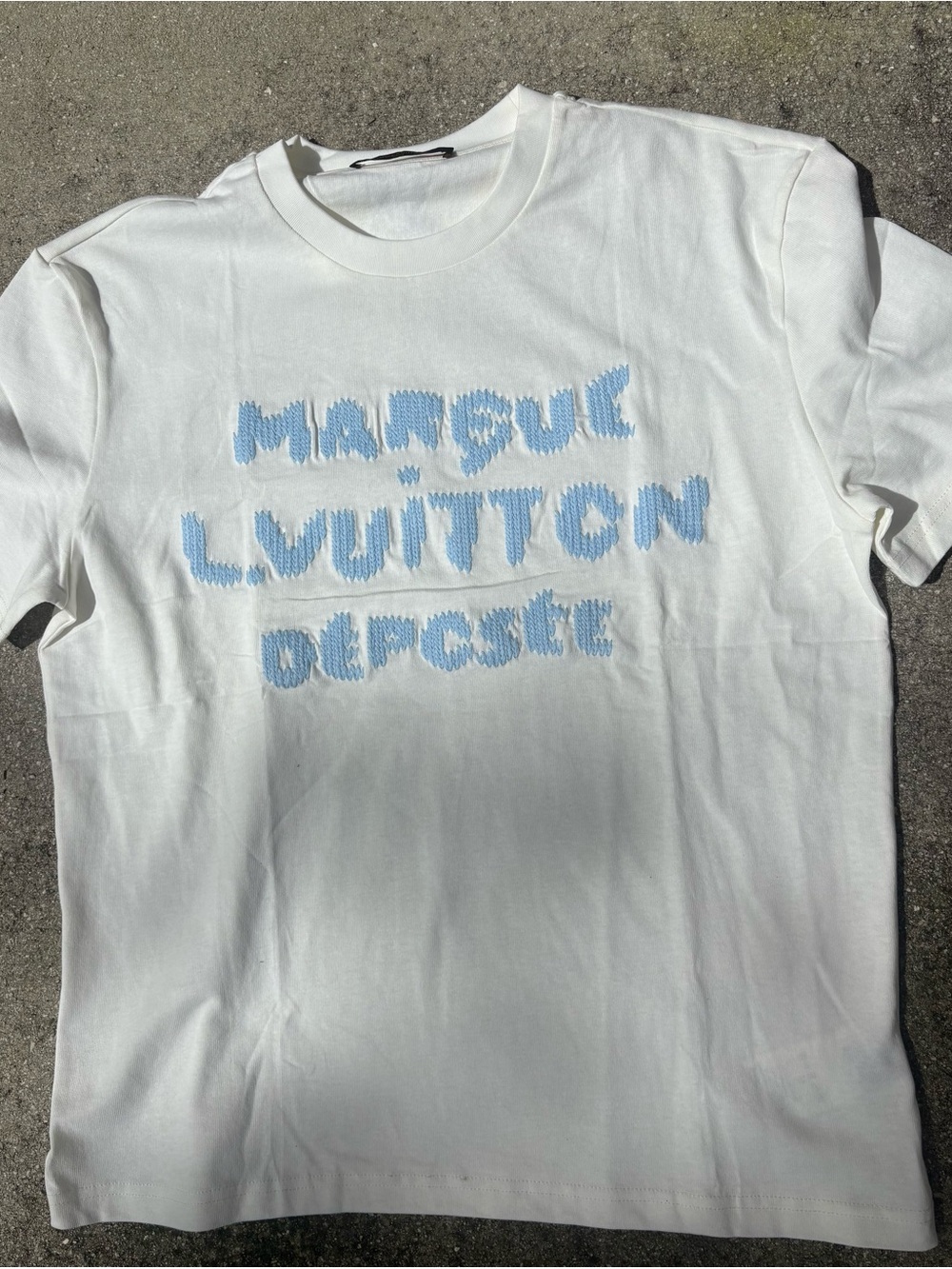Louis Vuitton White Cotton Short Sleeve Tee with Light Blue Embroidered Logo